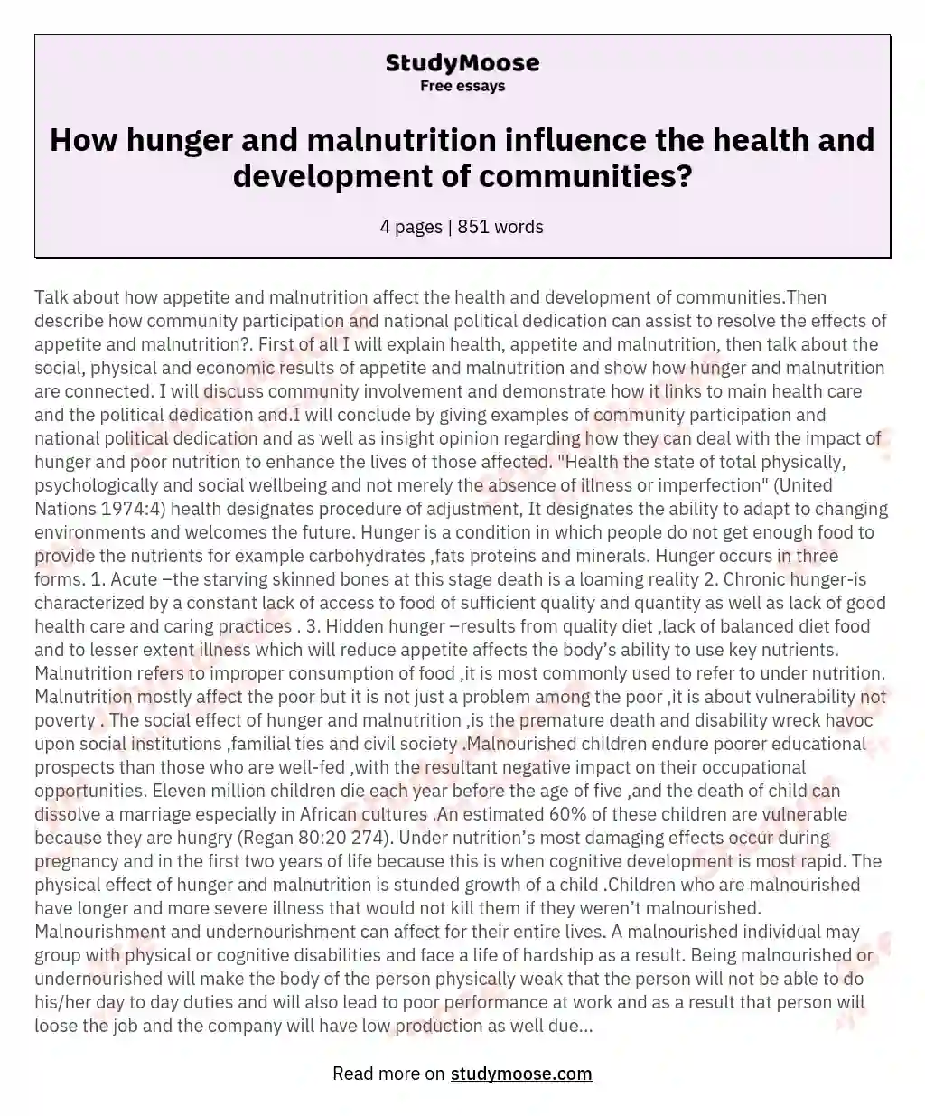 How hunger and malnutrition influence the health and development of communities? essay