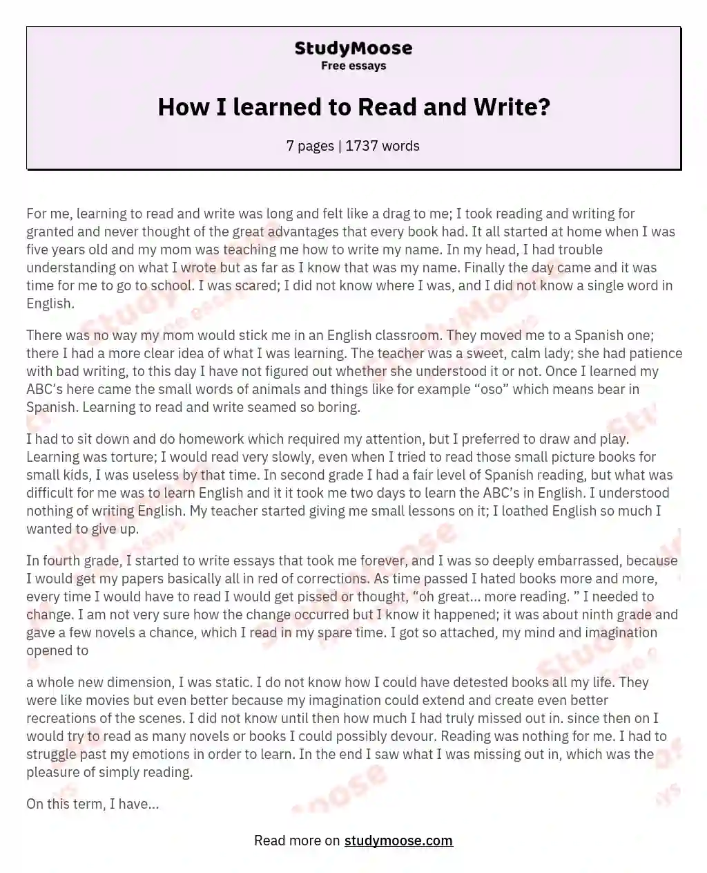 How I learned to Read and Write? essay