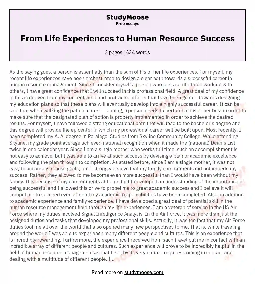From Life Experiences to Human Resource Success essay