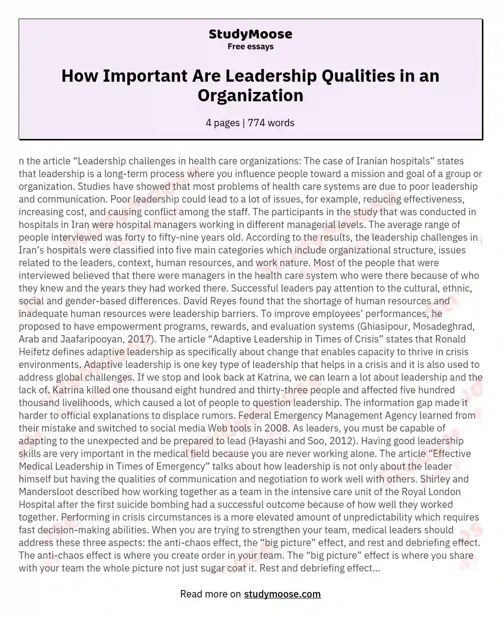 How Important Are Leadership Qualities in an Organization essay