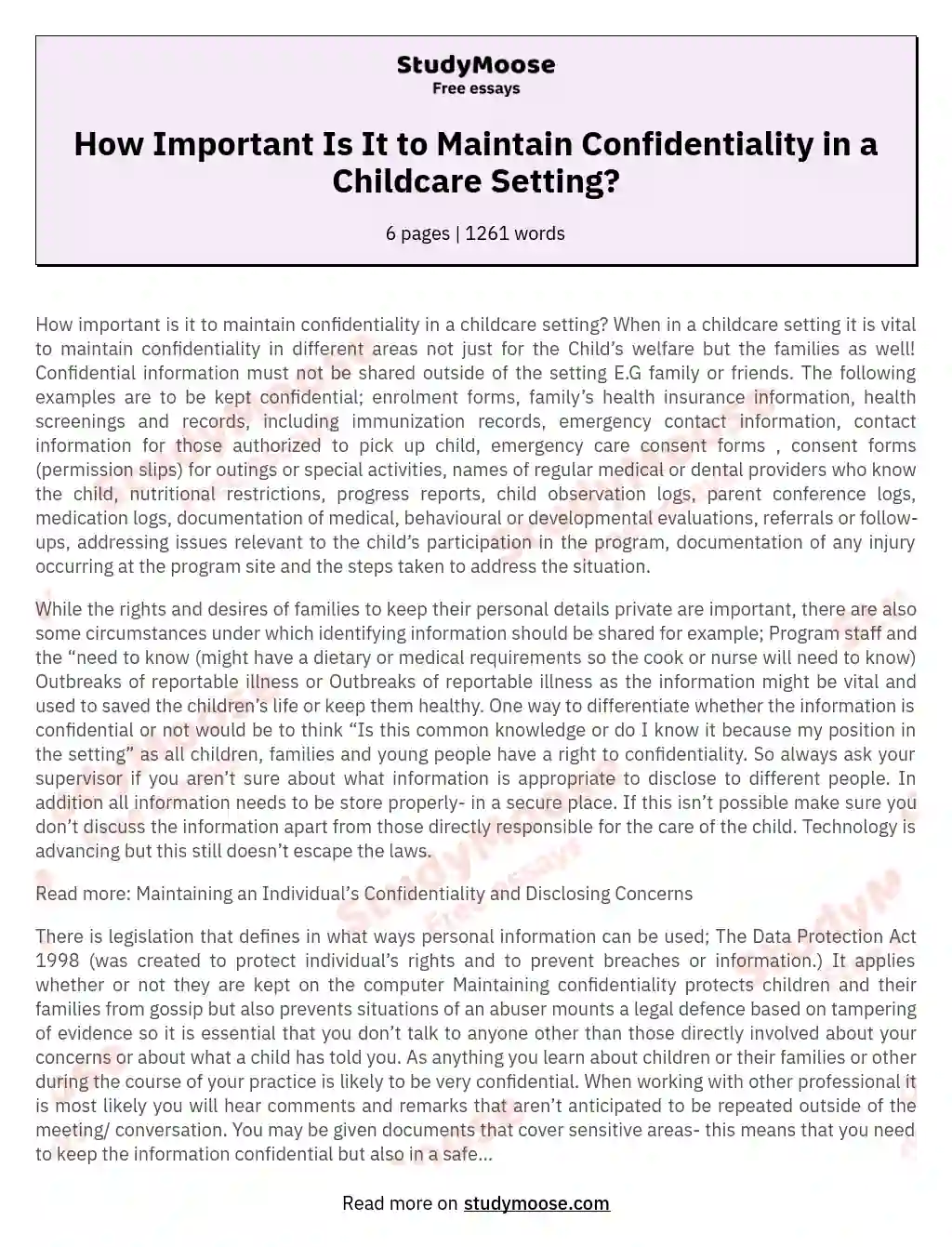 How Important Is It to Maintain Confidentiality in a Childcare Setting? essay