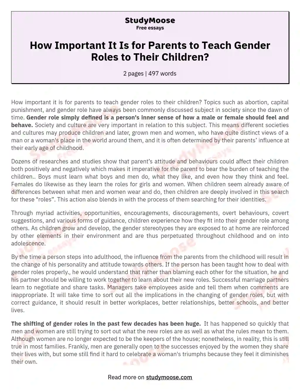 How Important It Is for Parents to Teach Gender Roles to Their Children? essay