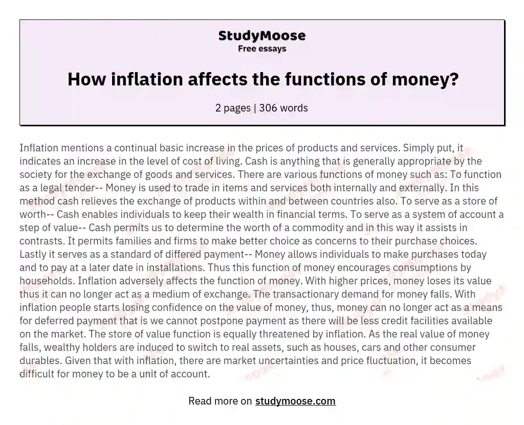 How inflation affects the functions of money? essay