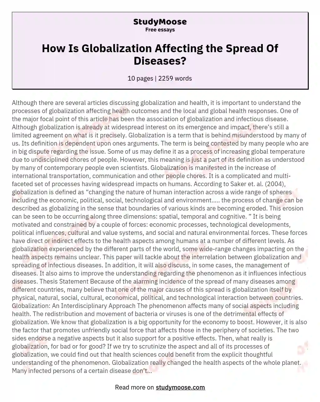 How Is Globalization Affecting the Spread Of Diseases? essay