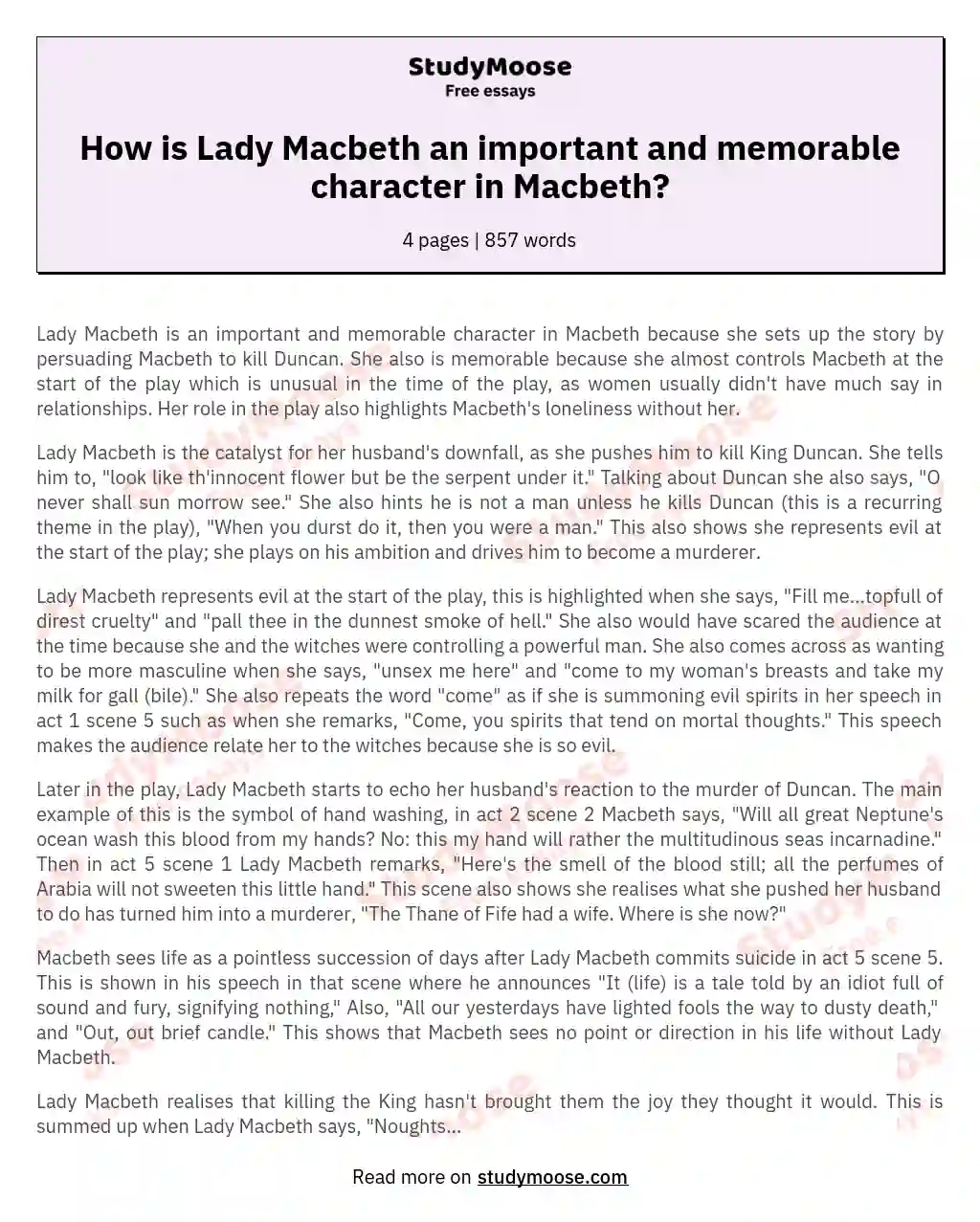 How is Lady Macbeth an important and memorable character in Macbeth?