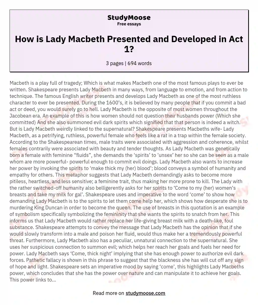 How is Lady Macbeth Presented and Developed in Act 1? essay