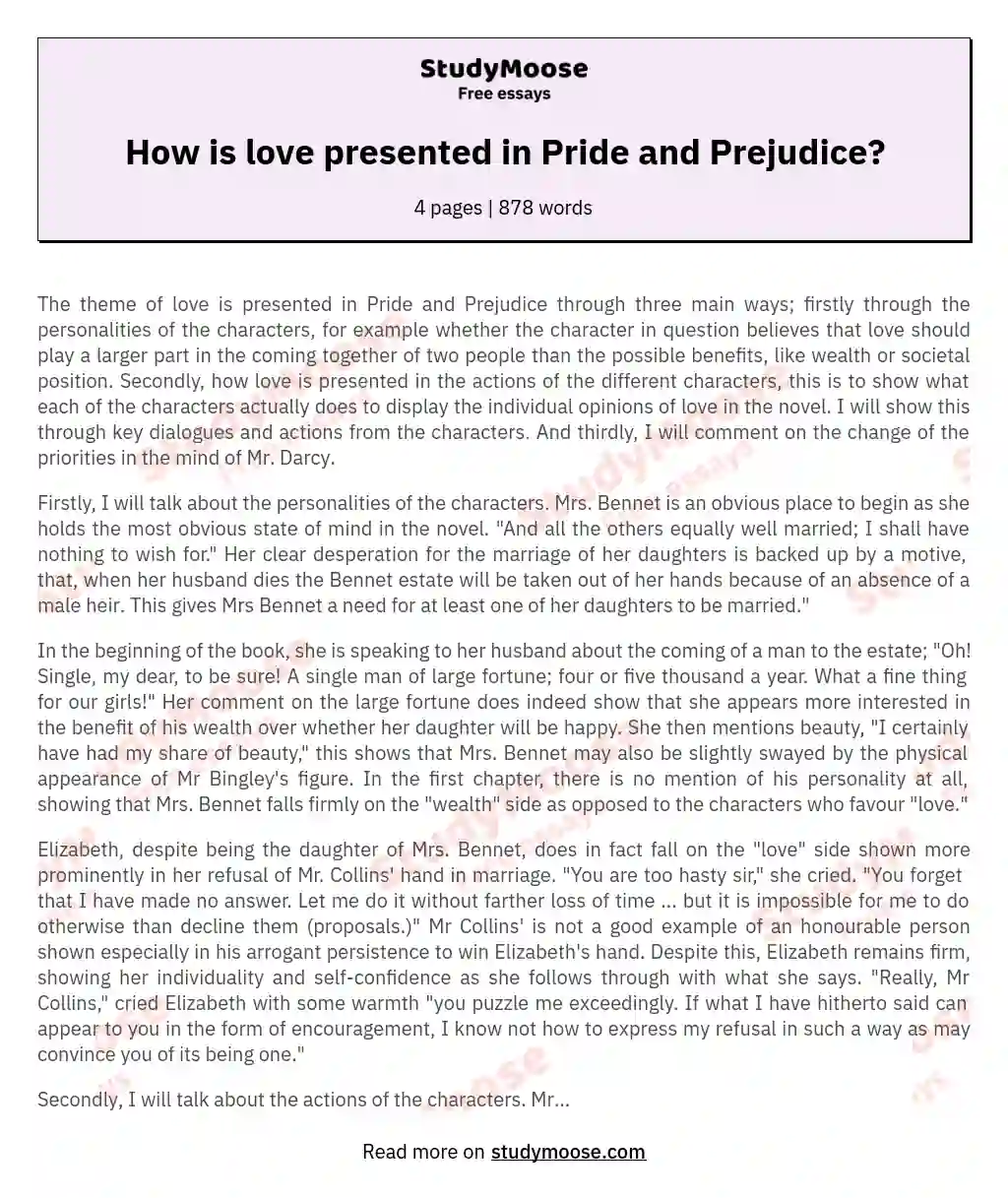 How is love presented in Pride and Prejudice? essay