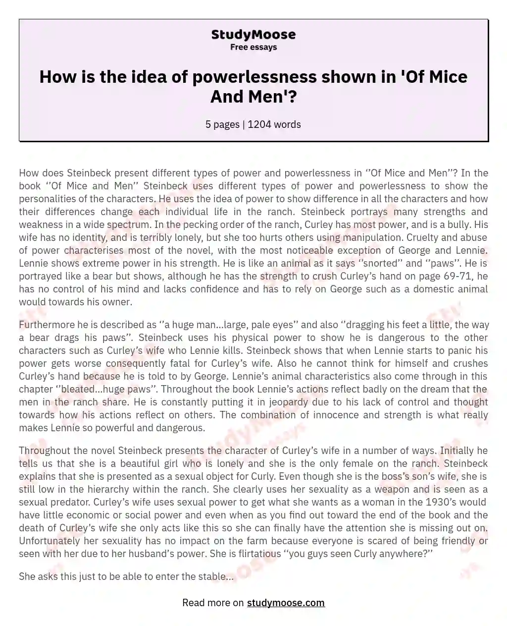 How is the idea of powerlessness shown in 'Of Mice And Men'? essay