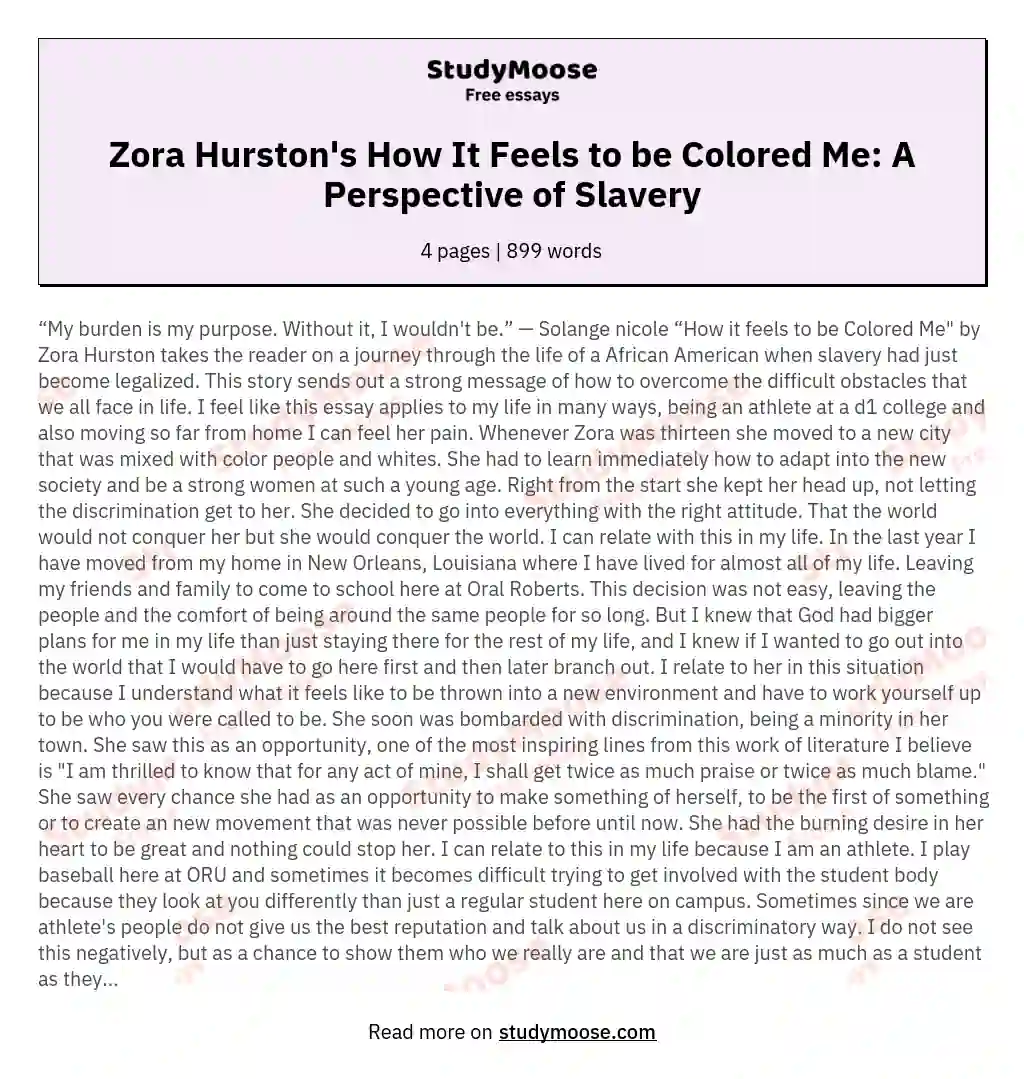 Zora Hurston's How It Feels to be Colored Me: A Perspective of Slavery essay