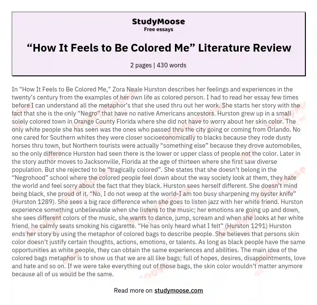 “How It Feels to Be Colored Me” Literature Review