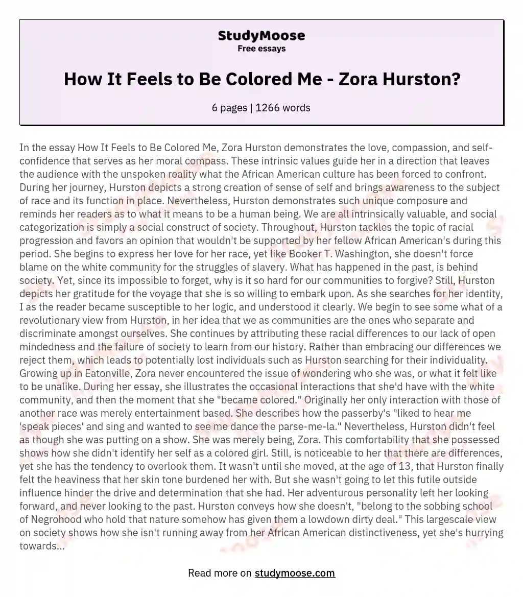 How It Feels to Be Colored Me - Zora Hurston? essay