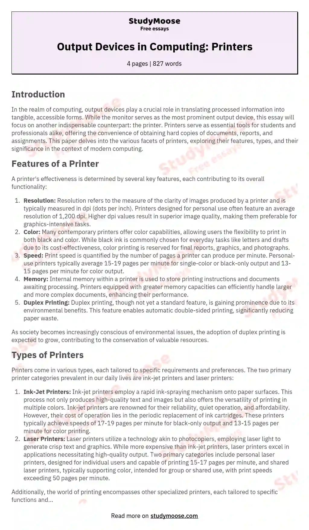 Output Devices in Computing: Printers essay
