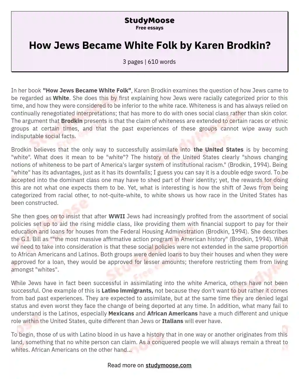 How Jews Became White Folk by Karen Brodkin? essay