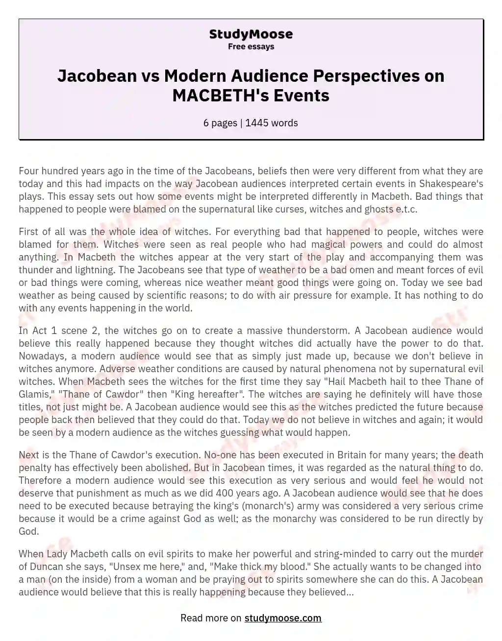 Jacobean vs Modern Audience Perspectives on MACBETH's Events essay