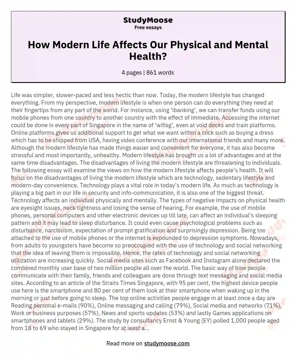 How Modern Life Affects Our Physical and Mental Health? essay