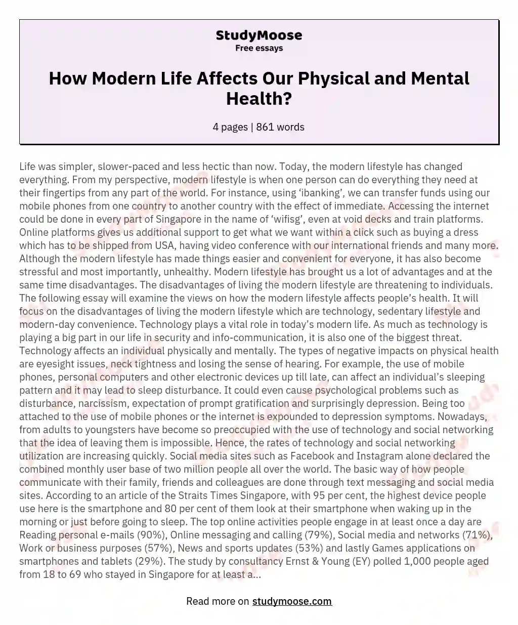 How Modern Life Affects Our Physical And Mental Health Free Essay Example