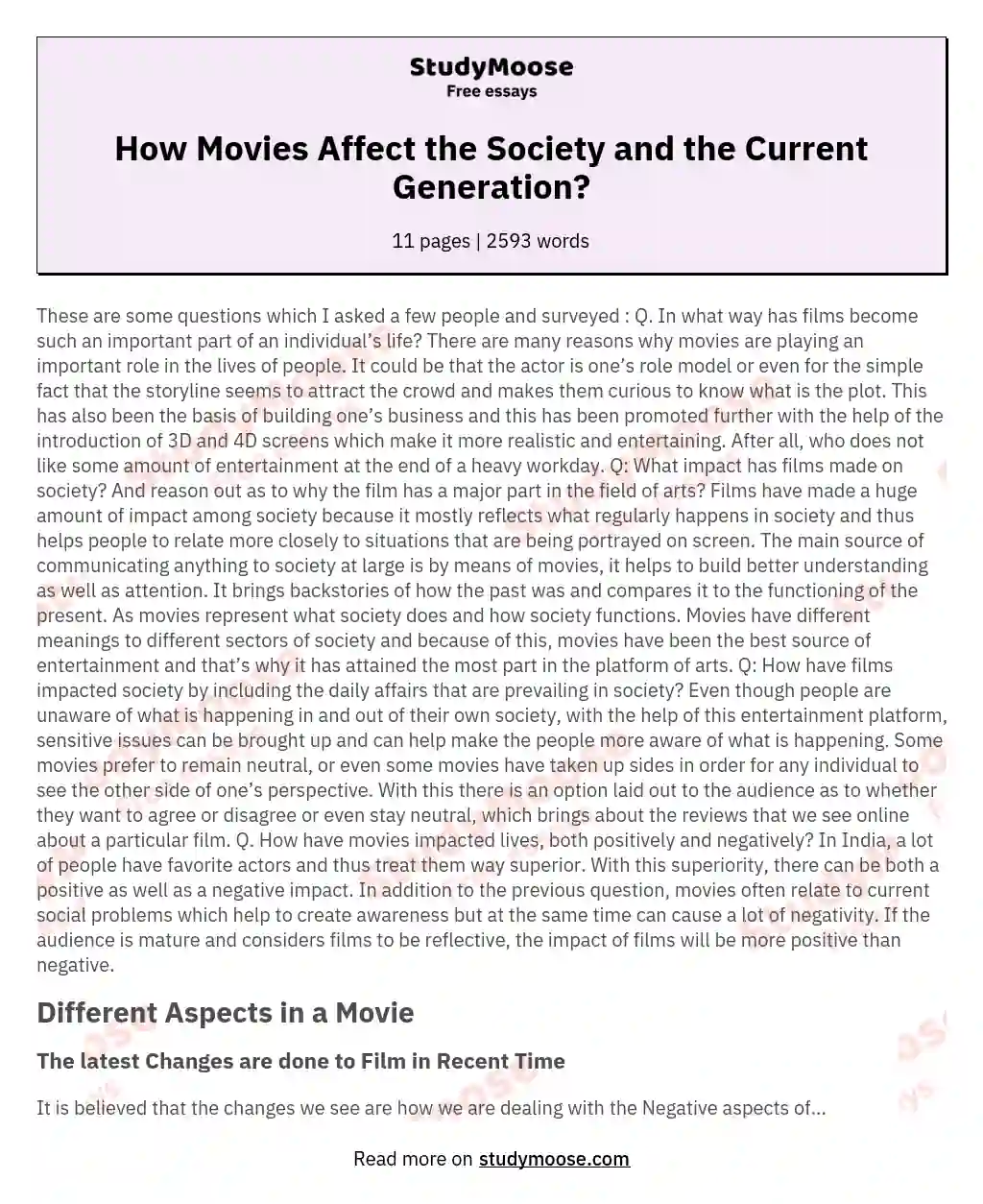 How Movies Affect the Society and the Current Generation? essay
