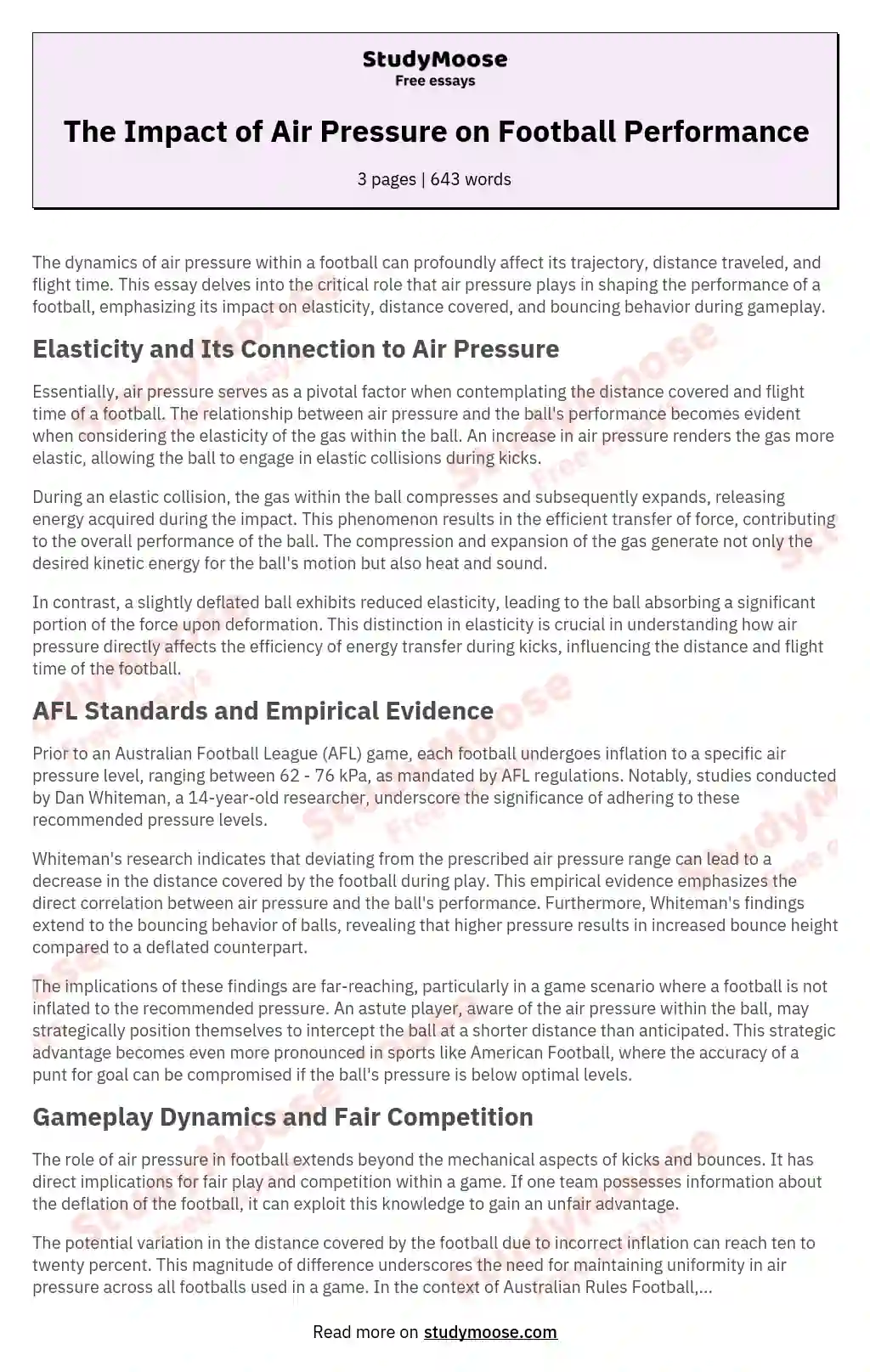 The Impact of Air Pressure on Football Performance essay