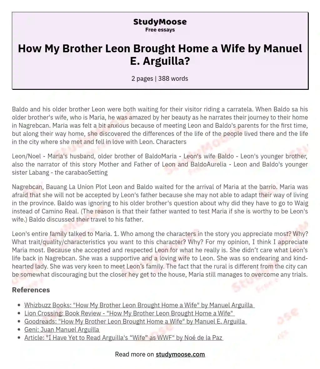 How My Brother Leon Brought Home a Wife by Manuel E. Arguilla? essay
