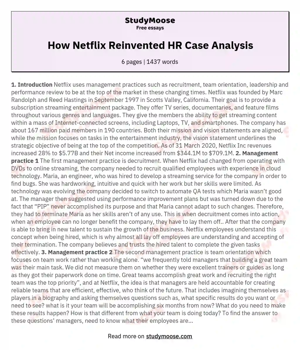 How Netflix Reinvented HR Case Analysis essay