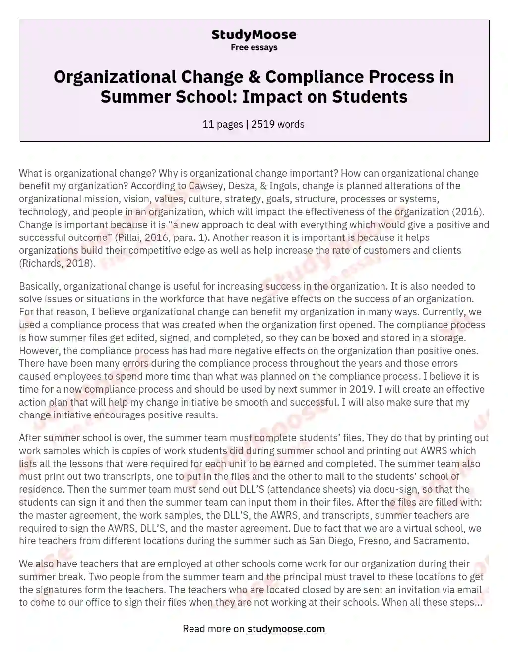 Organizational Change & Compliance Process in Summer School: Impact on Students essay
