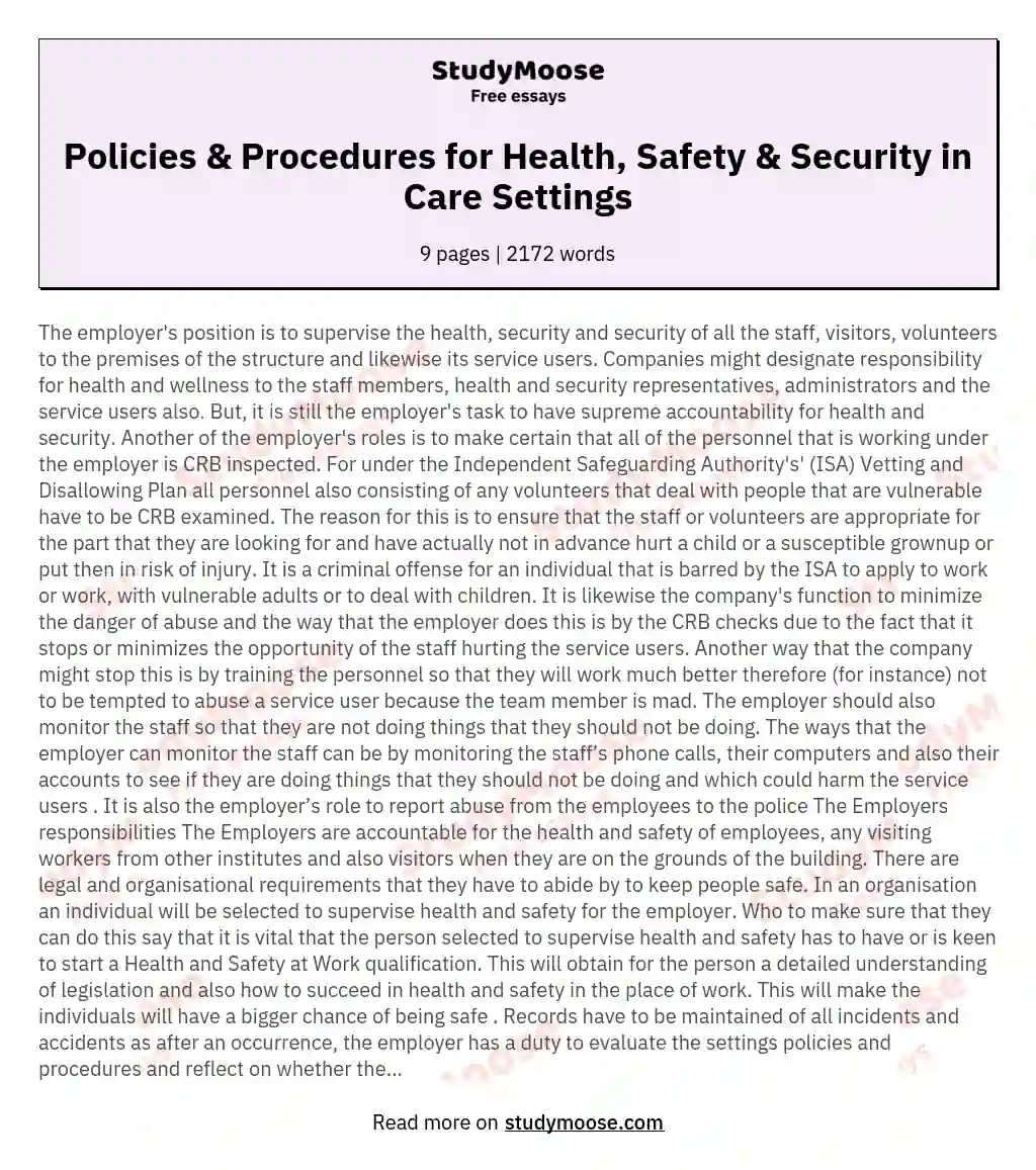 Policies & Procedures for Health, Safety & Security in Care Settings essay