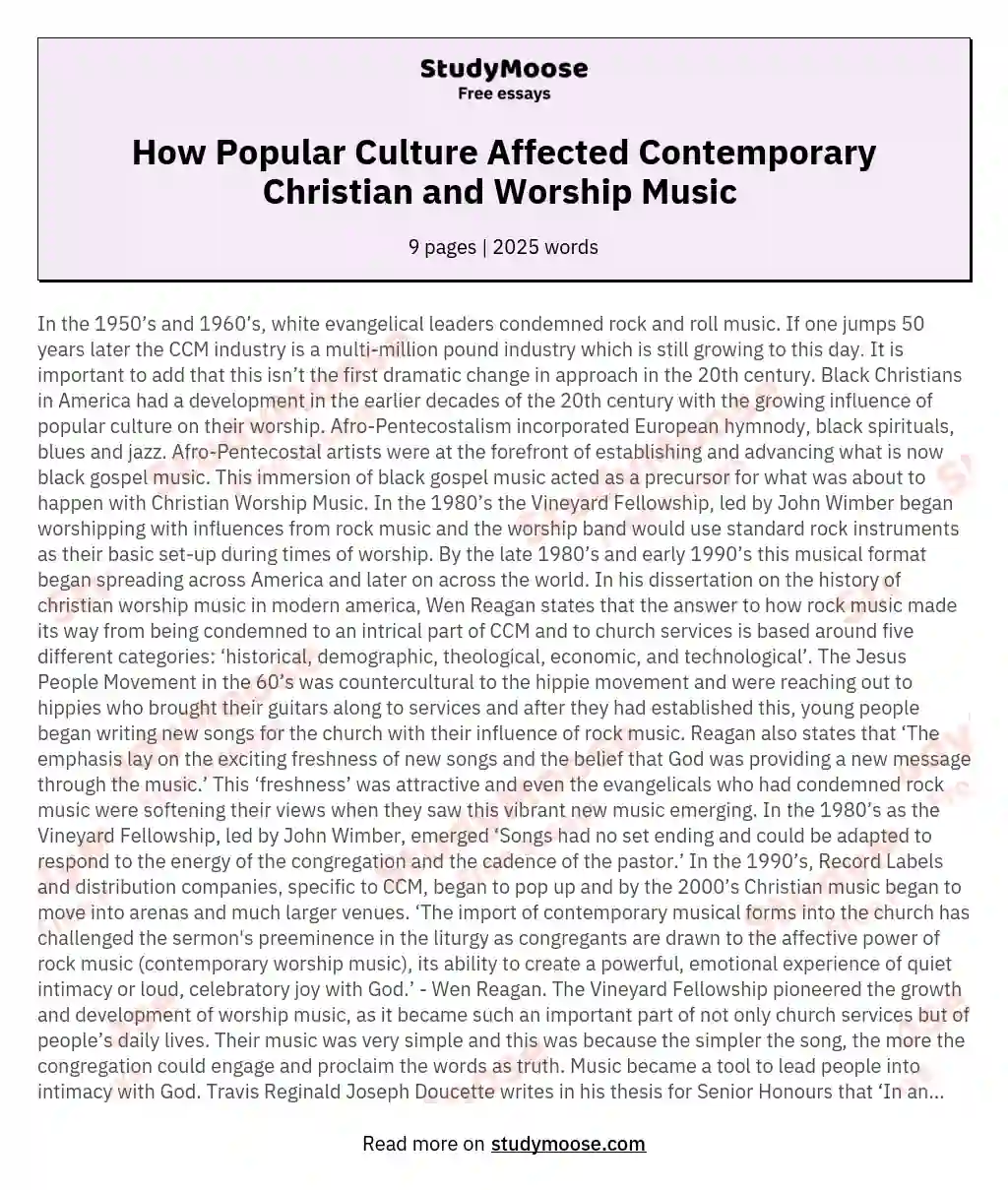 How Popular Culture Affected Contemporary Christian and Worship Music  essay