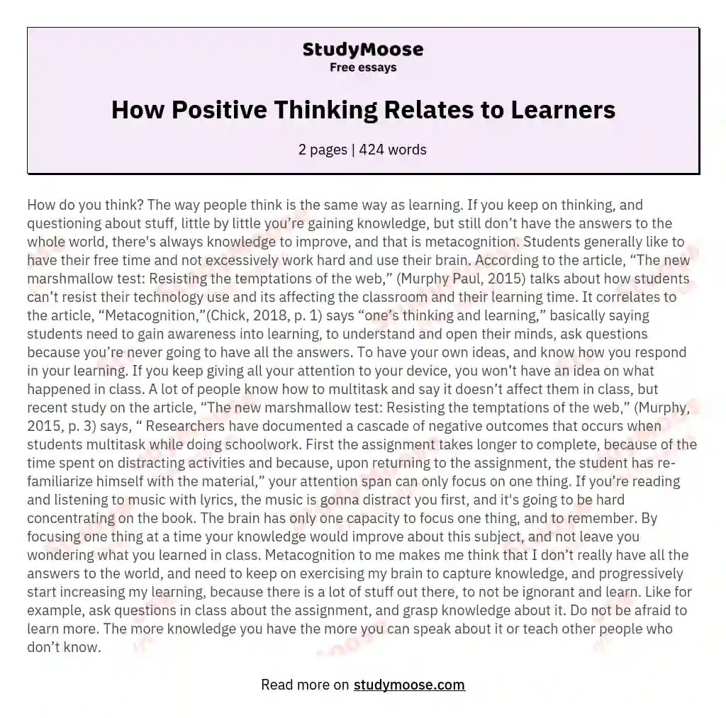 How Positive Thinking Relates to Learners essay