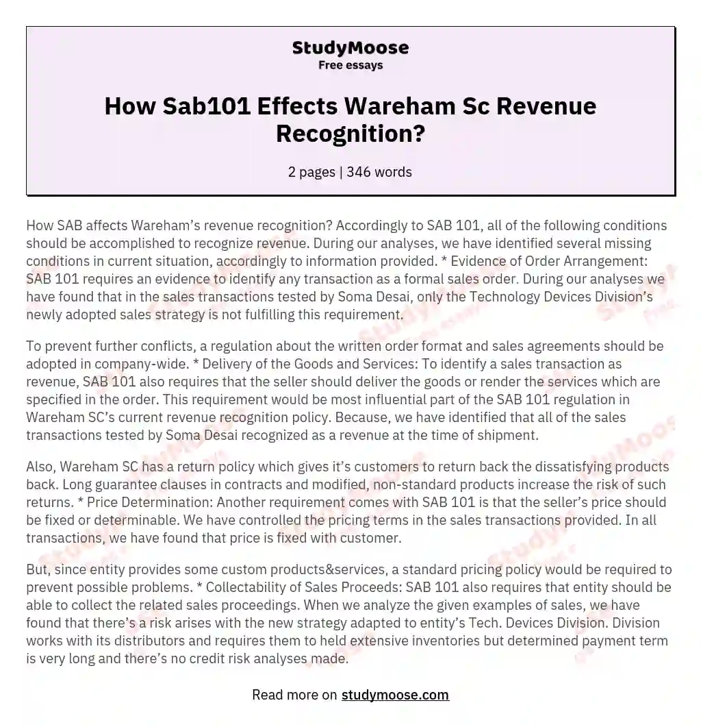 How Sab101 Effects Wareham Sc Revenue Recognition?