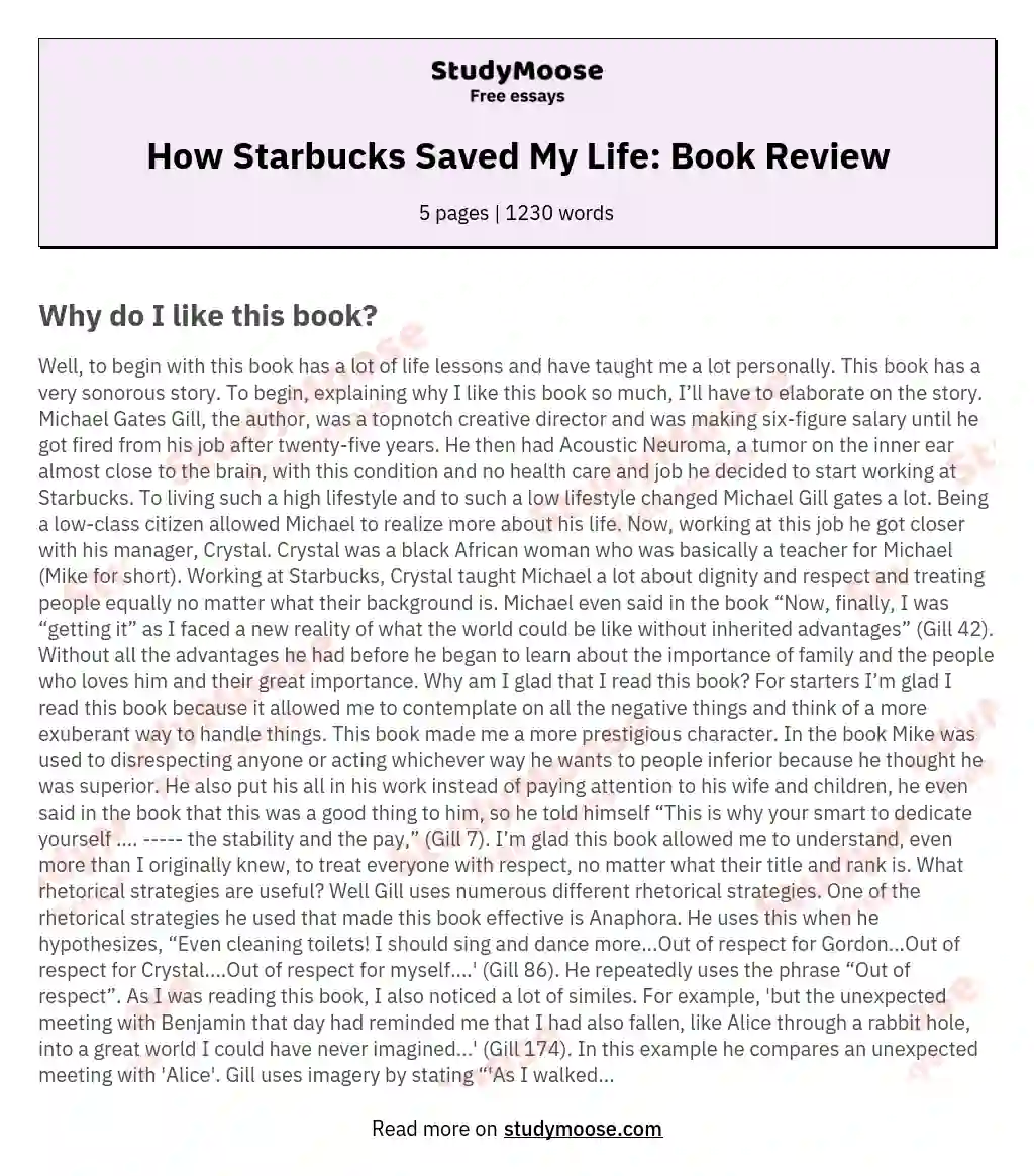How Starbucks Saved My Life: Book Review Free Essay Example