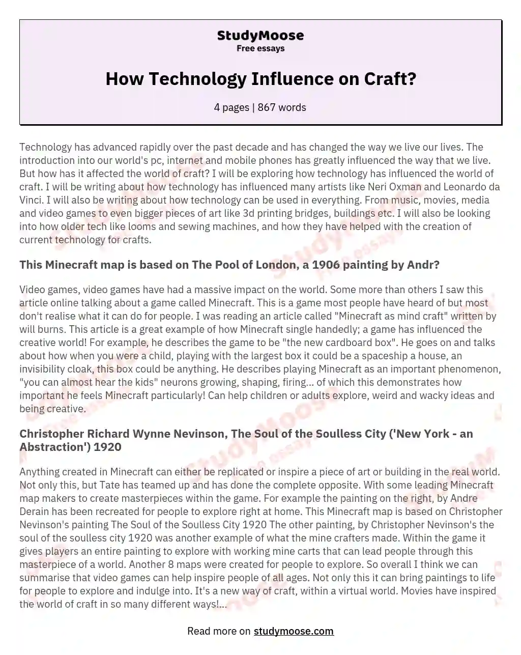 How Technology Influence on Craft? essay