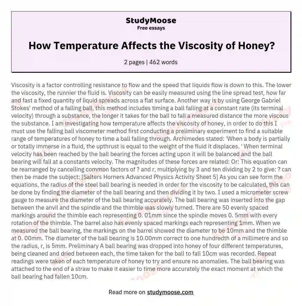 How Temperature Affects the Viscosity of Honey? essay