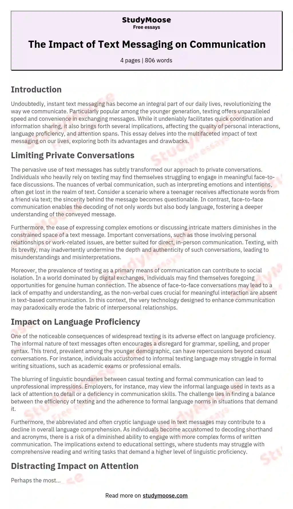 essay on text messaging to personal conversation pdf