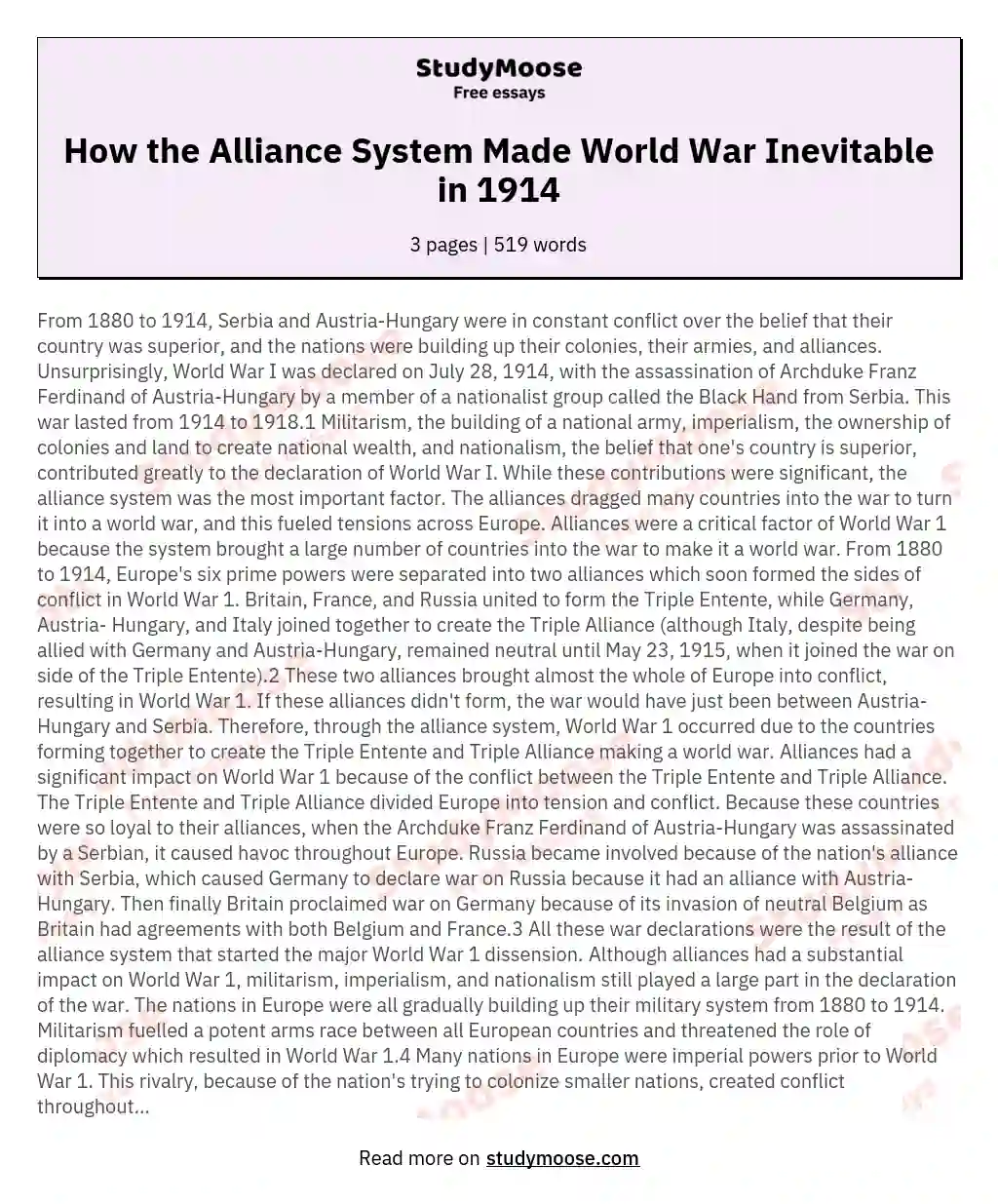 How the Alliance System Made World War Inevitable in 1914 essay