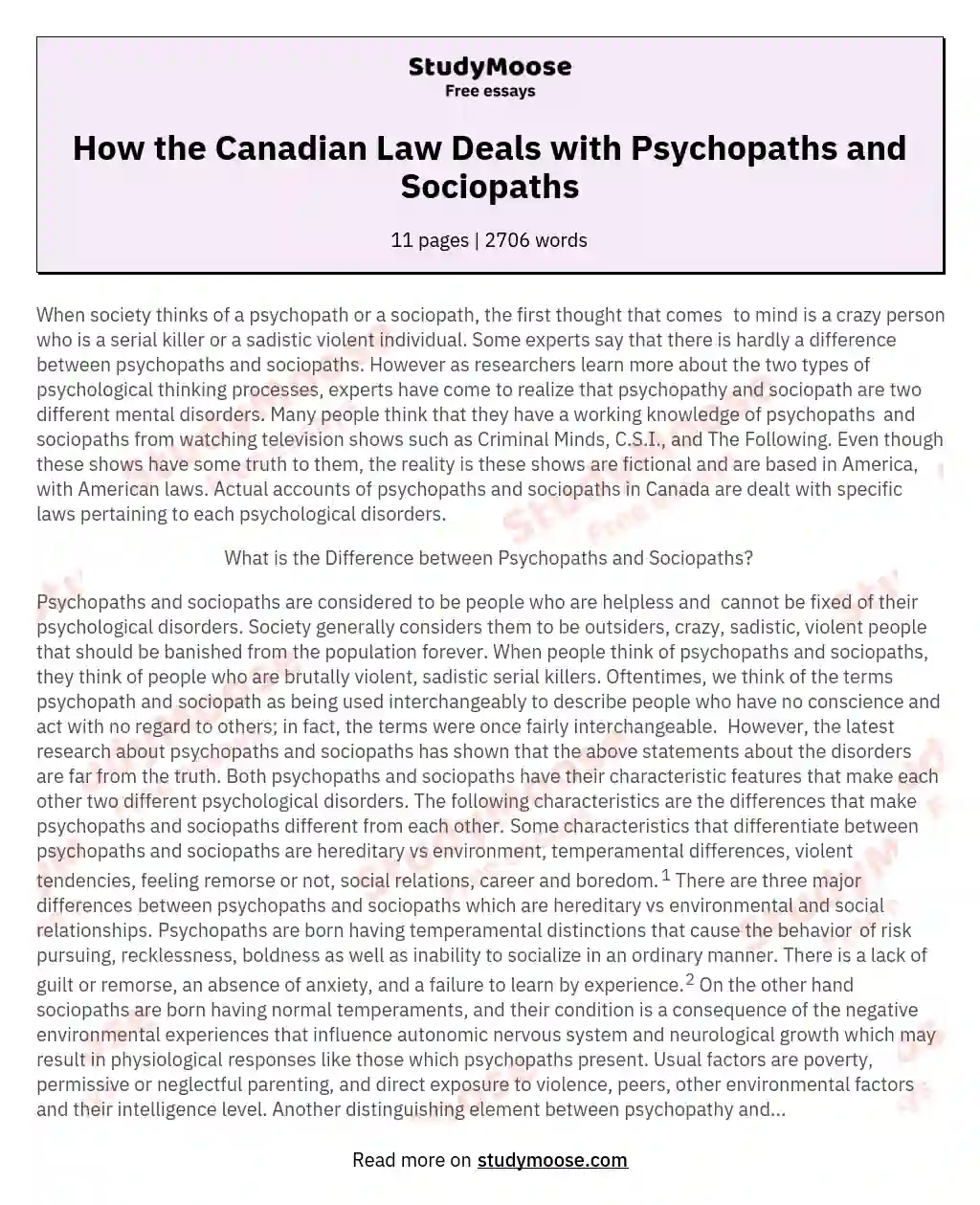 How the Canadian Law Deals with Psychopaths and Sociopaths essay