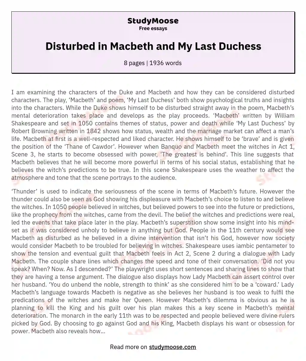 How the Characters of Macbeth and the Duke in My Last Duchess Can Be Considered to Be Disturbed Characters?