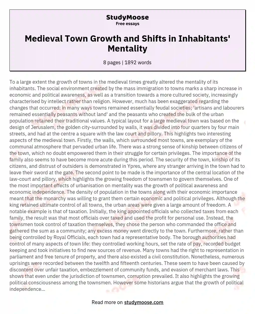 How the Growth of Medieval Towns Greatly Altered the Mentality of Its Inhabitants