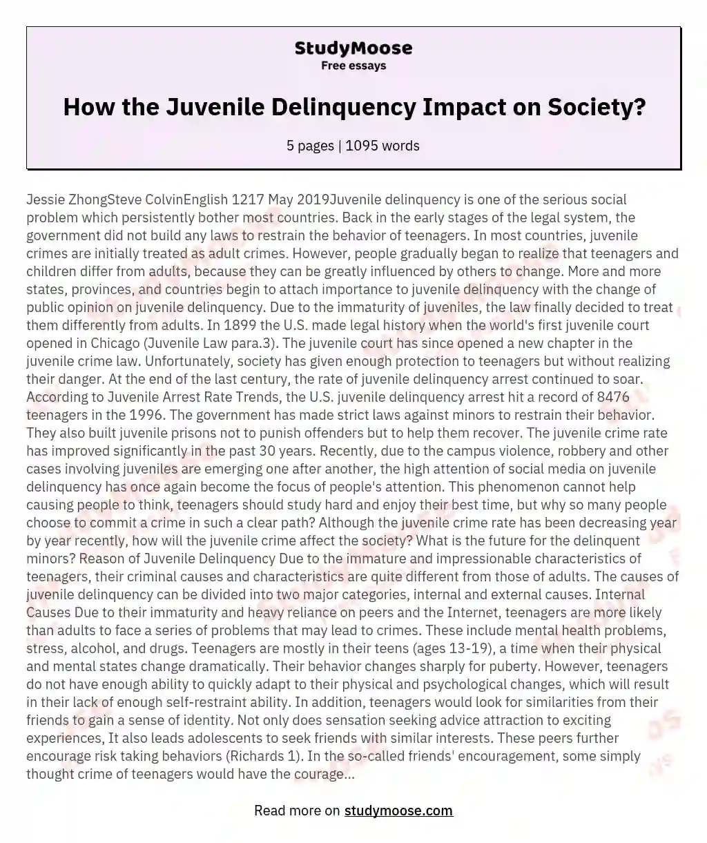 How the Juvenile Delinquency Impact on Society? essay