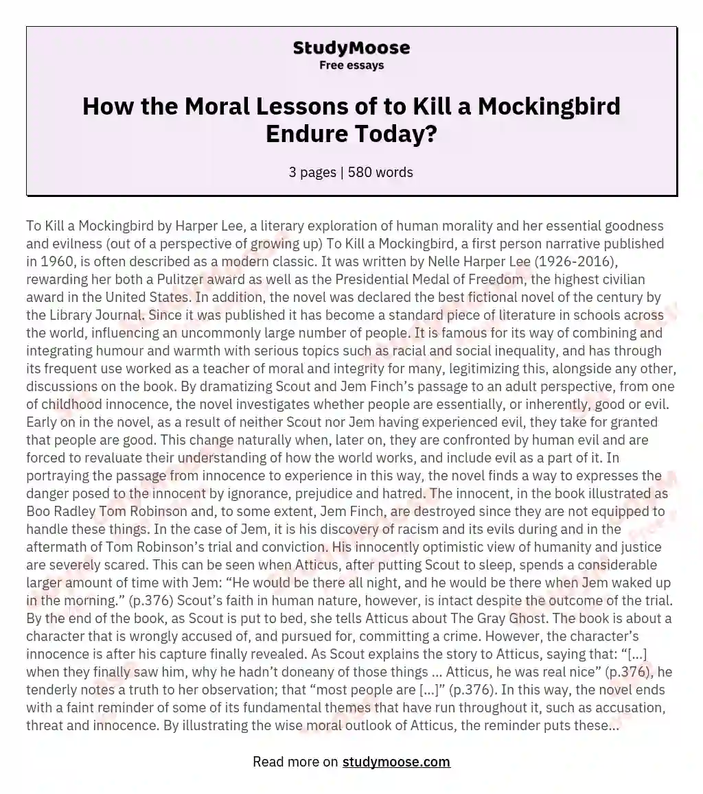 How the Moral Lessons of to Kill a Mockingbird Endure Today?