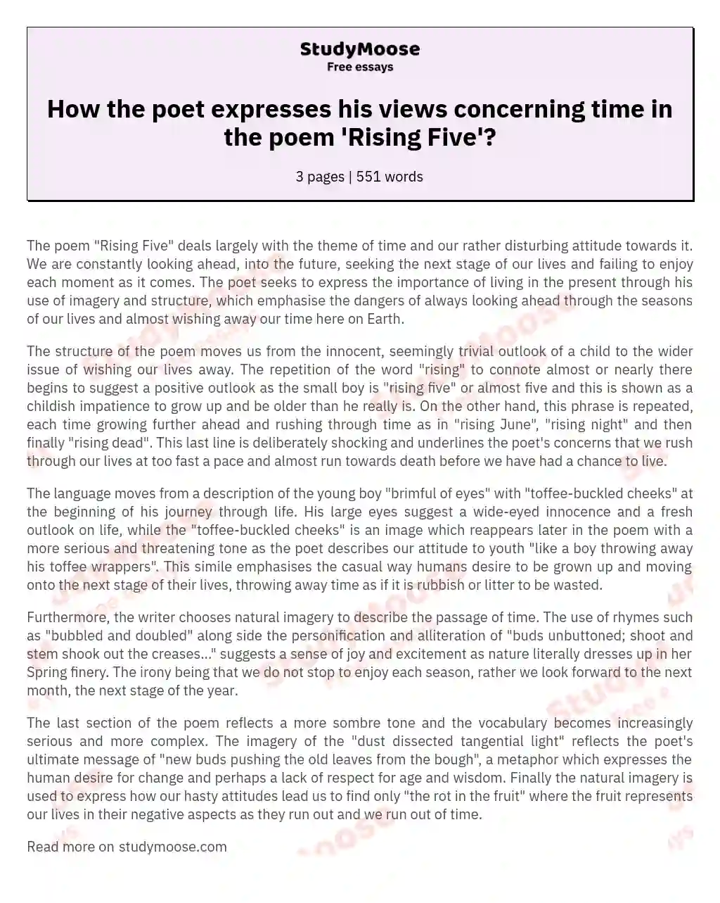 How the poet expresses his views concerning time in the poem 'Rising Five'? essay