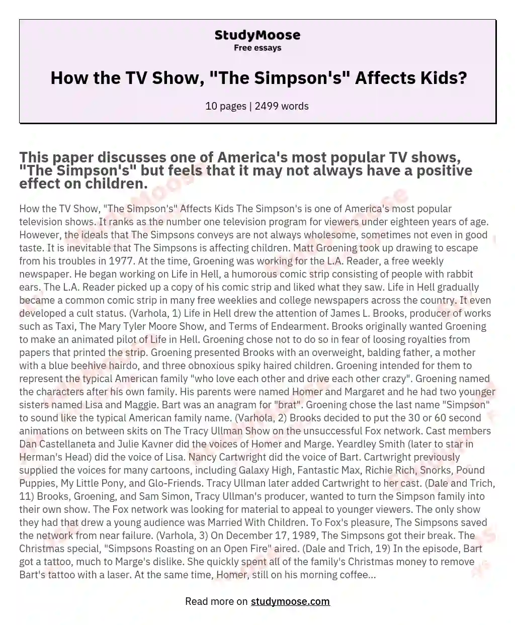 How the TV Show, "The Simpson's" Affects Kids? essay