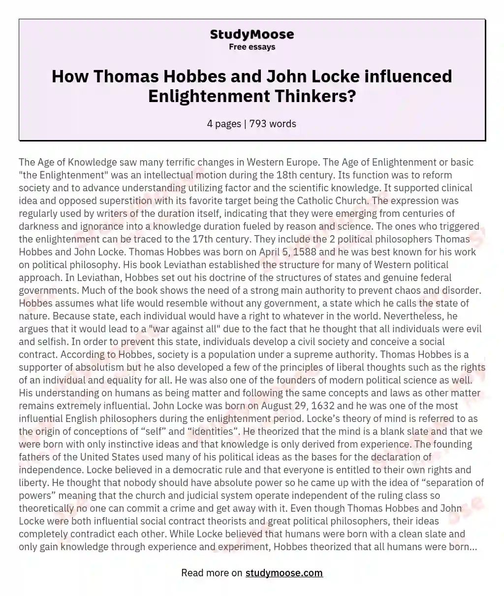 How Thomas Hobbes and John Locke influenced Enlightenment Thinkers? essay