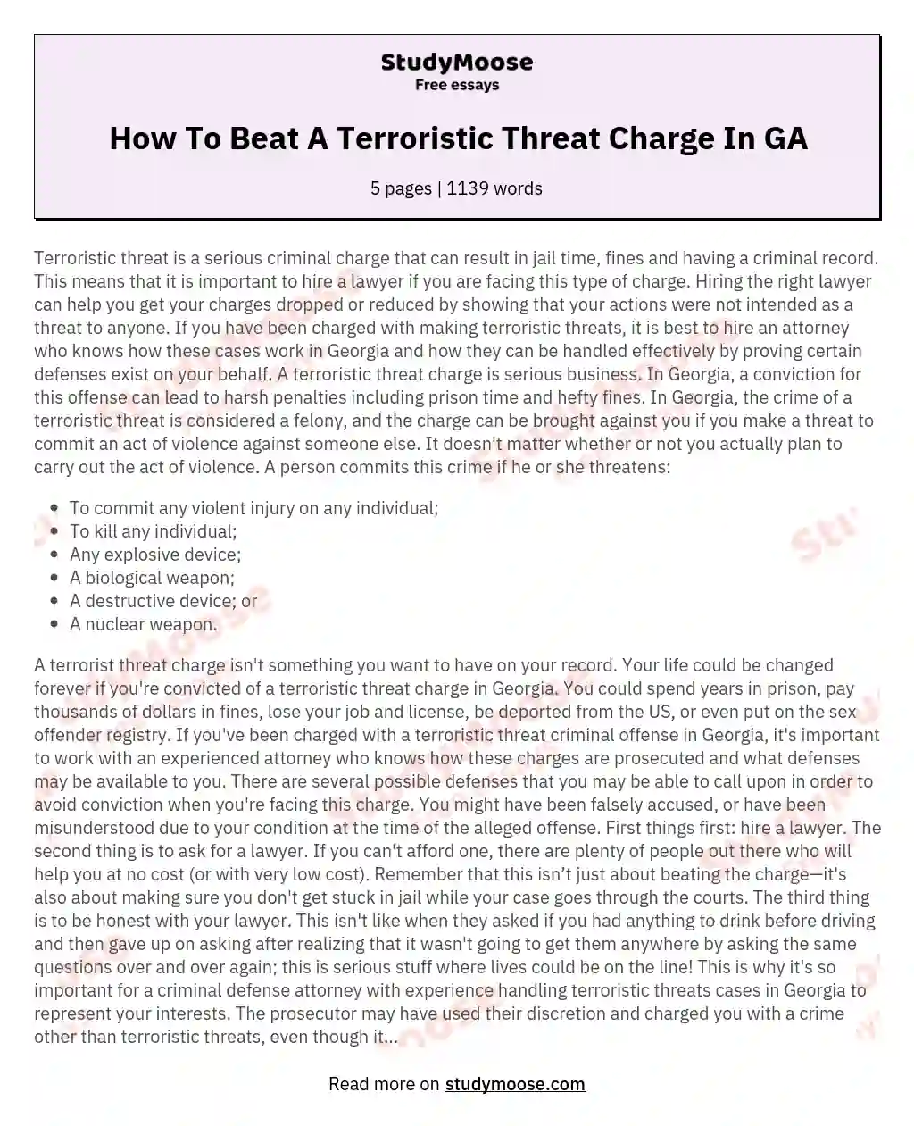 How To Beat A Terroristic Threat Charge In GA essay