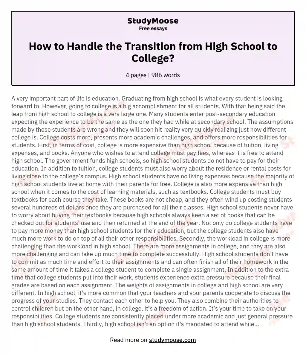transition from highschool to college essay