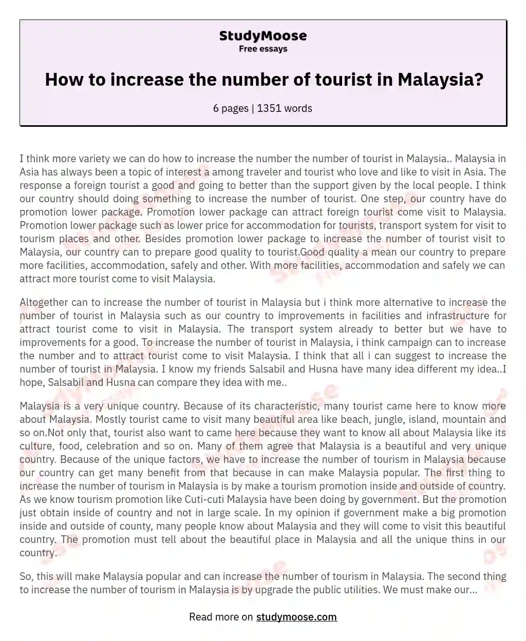 How to increase the number of tourist in Malaysia? essay