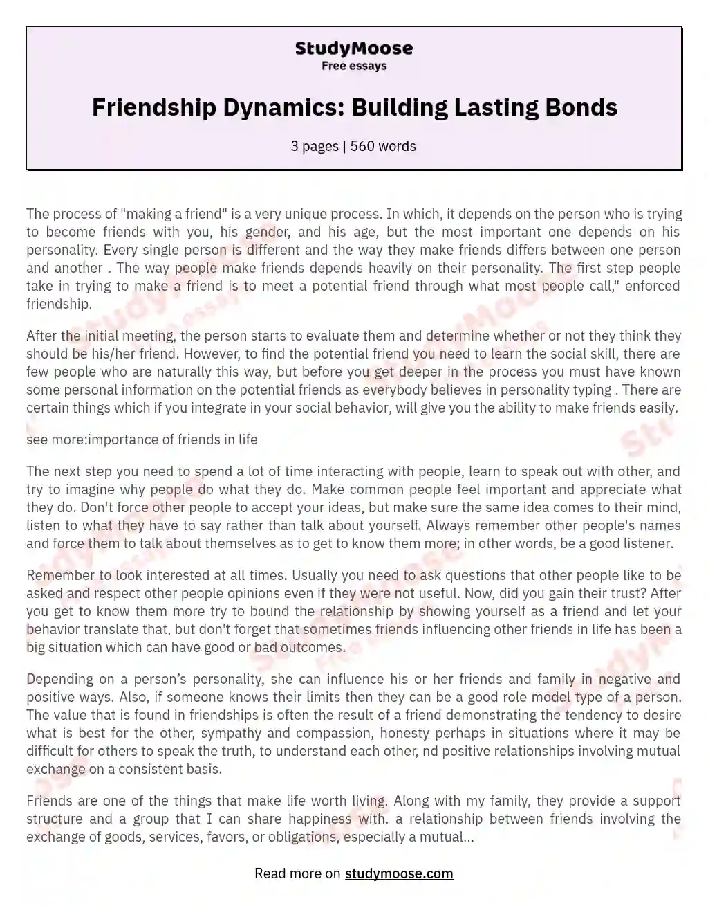 Friendship Dynamics: Building Lasting Bonds essay