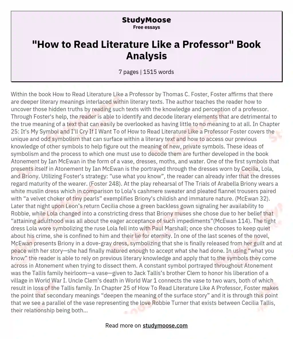 "How to Read Literature Like a Professor" Book Analysis essay