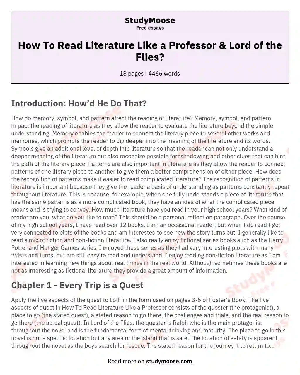 How To Read Literature Like a Professor & Lord of the Flies? essay