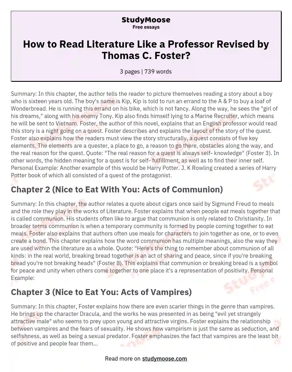 How to Read Literature Like a Professor Revised by Thomas C. Foster? essay