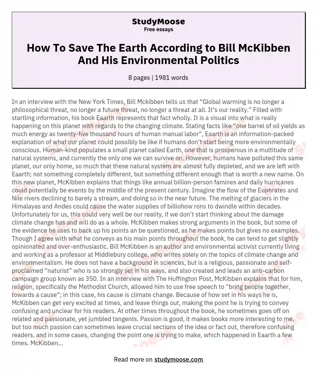How To Save The Earth According to Bill McKibben And His Environmental Politics essay